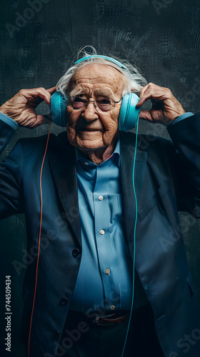 elderly man listening to music through headphones, generative ai image
