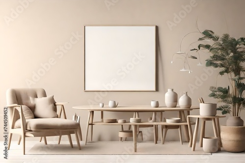 Mock up frame in home interior background, beige room with natural wooden furniture, Scandinavian style, 3d render