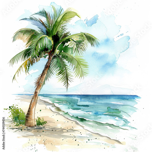 Watercolor Painting  palm tree on the beach