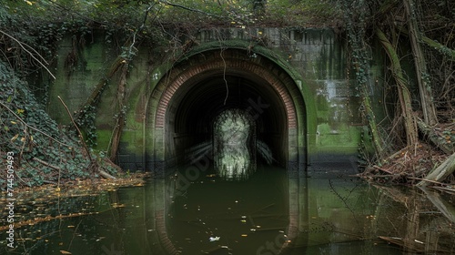 A Flooded and Abandoned Tunnel Covered with Foliage