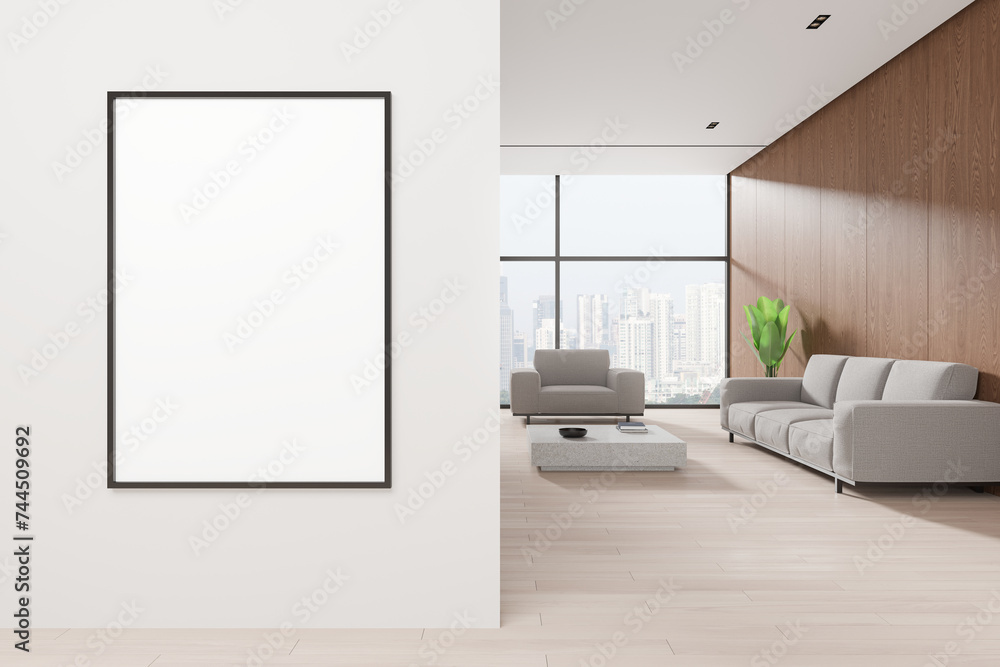 White and wooden living room interior with poster White and wooden living room interior with poster