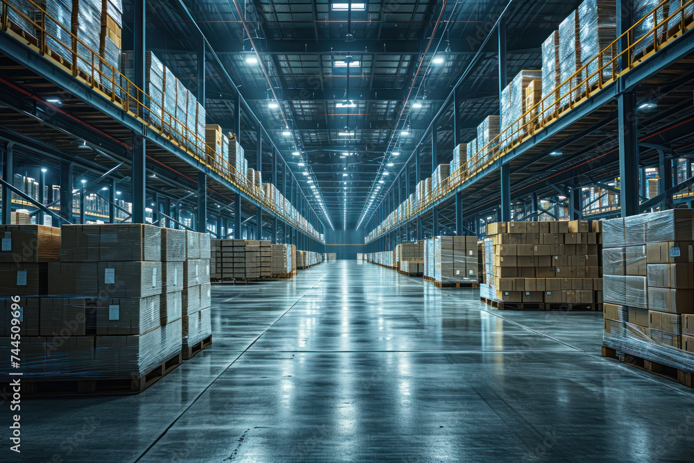 Modern Warehouse Aisle with Pallet Racks and Boxes. Modern Warehouse Aisle with Pallet Racks and Boxes.
