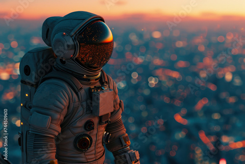 Astronaut Overlooking City Lights at Dusk.