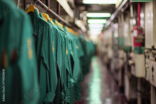 Green Work Uniforms Hanging in Industrial Laundry.
