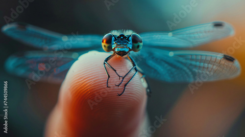 Macro photo of a blue dragonfly perched on a human