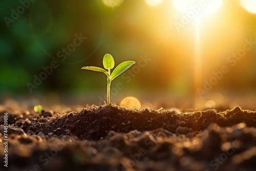 Young seedlings flourishing in rich soil  bathed in morning sunlight  illustrating ecology concept