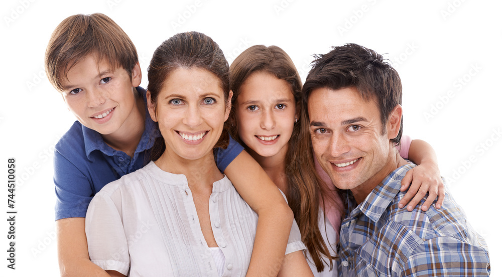 Happy family, portrait and hug with kids for bonding, embrace or support on a white studio background. Face of mother, father and children with smile for love, care or trust on holiday or weekend Happy family, portrait and hug with kids for bonding, embrace or support on a white studio background. Face of mother, father and children with smile for love, care or trust on holiday or weekend