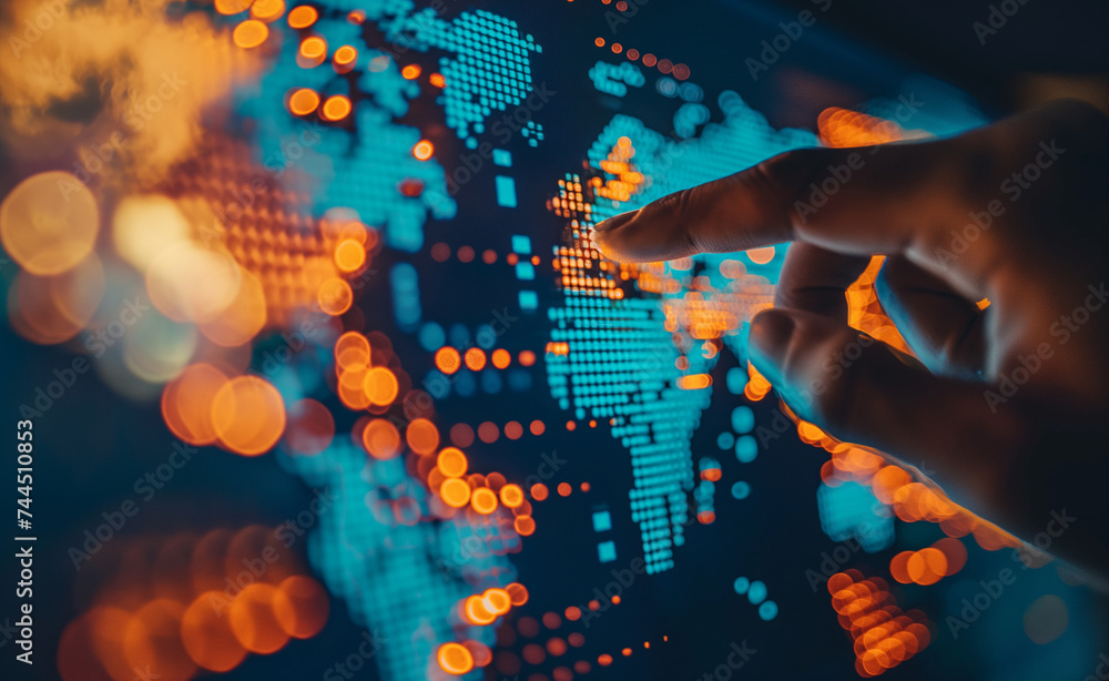Strategic Global Investments: Finger Pointing on World Map Screen Stock ...