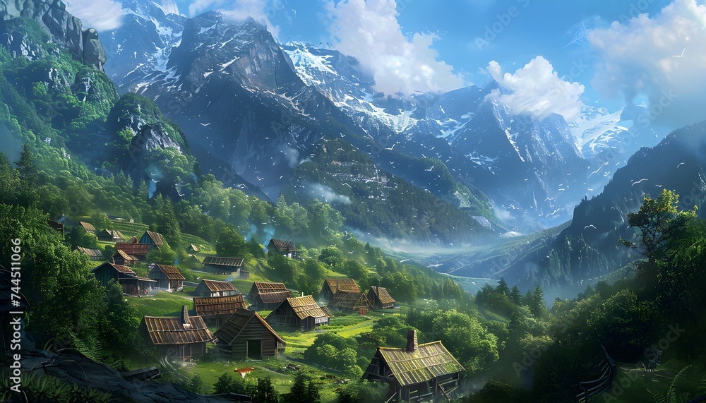 Village house with Mountain view, fantasy style, painting style, generated by AI