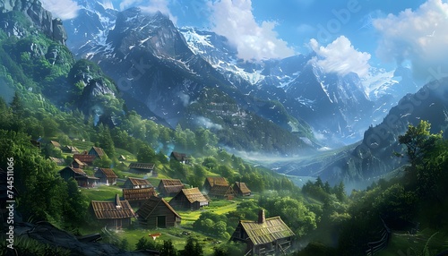 Village house with Mountain view  fantasy style  painting style  generated by AI