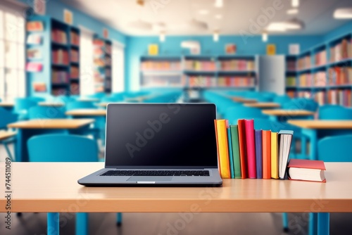 Cozy classroom with laptop mockup, notebooks and textbooks - ideal for educational websites © Mikki Orso