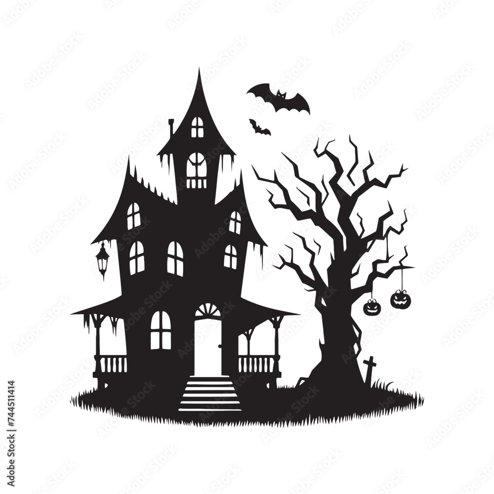 Bewitching Halloween Spooky Hunted House Silhouette Elegance - A Dance of Shadows and Trepidation with Halloween Hunted House Vector - Halloween Silhouette
