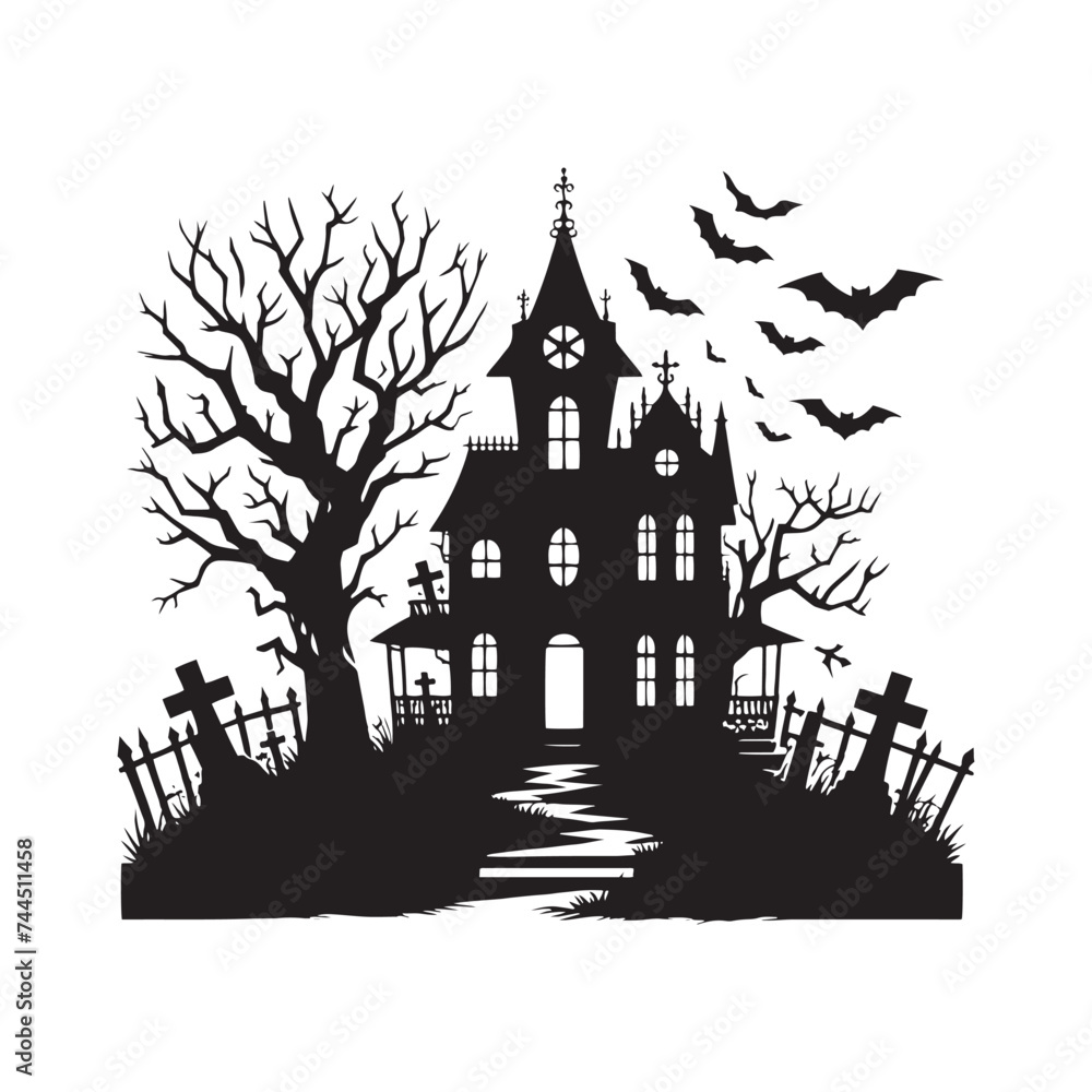 Halloween Spooky Hunted House Silhouette Extravaganza - A Journey into the Haunting Macabre with Halloween Spooky Hunted House Illustration and Silhouette of Hunted House
