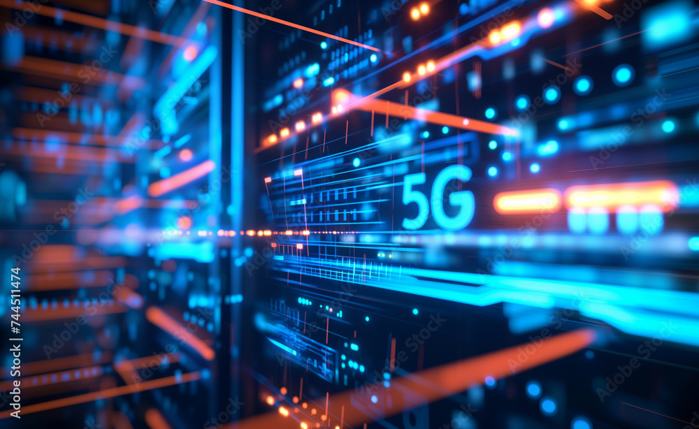 5G Illumination: Next-Generation Connectivity Unveiled. Next-Gen Wireless Technology Unveiled on High-Tech Server Canvas.