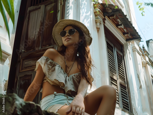 female travel influencer sitting on steps, generative ai image