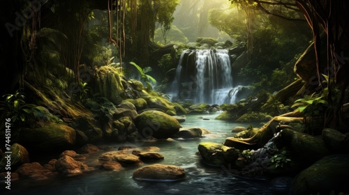 Tropical rainforest waterfall in lush jungle environment with cascading water stream