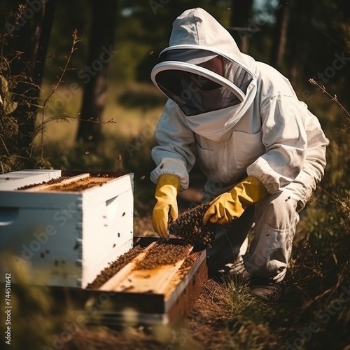 Beekeeper extracting frame with fresh golden honey from the hive for sale and harvesting process