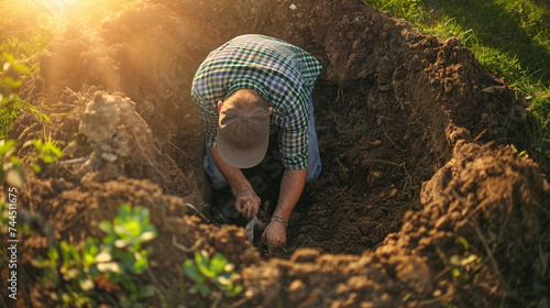 Man digging a hole to pick up.