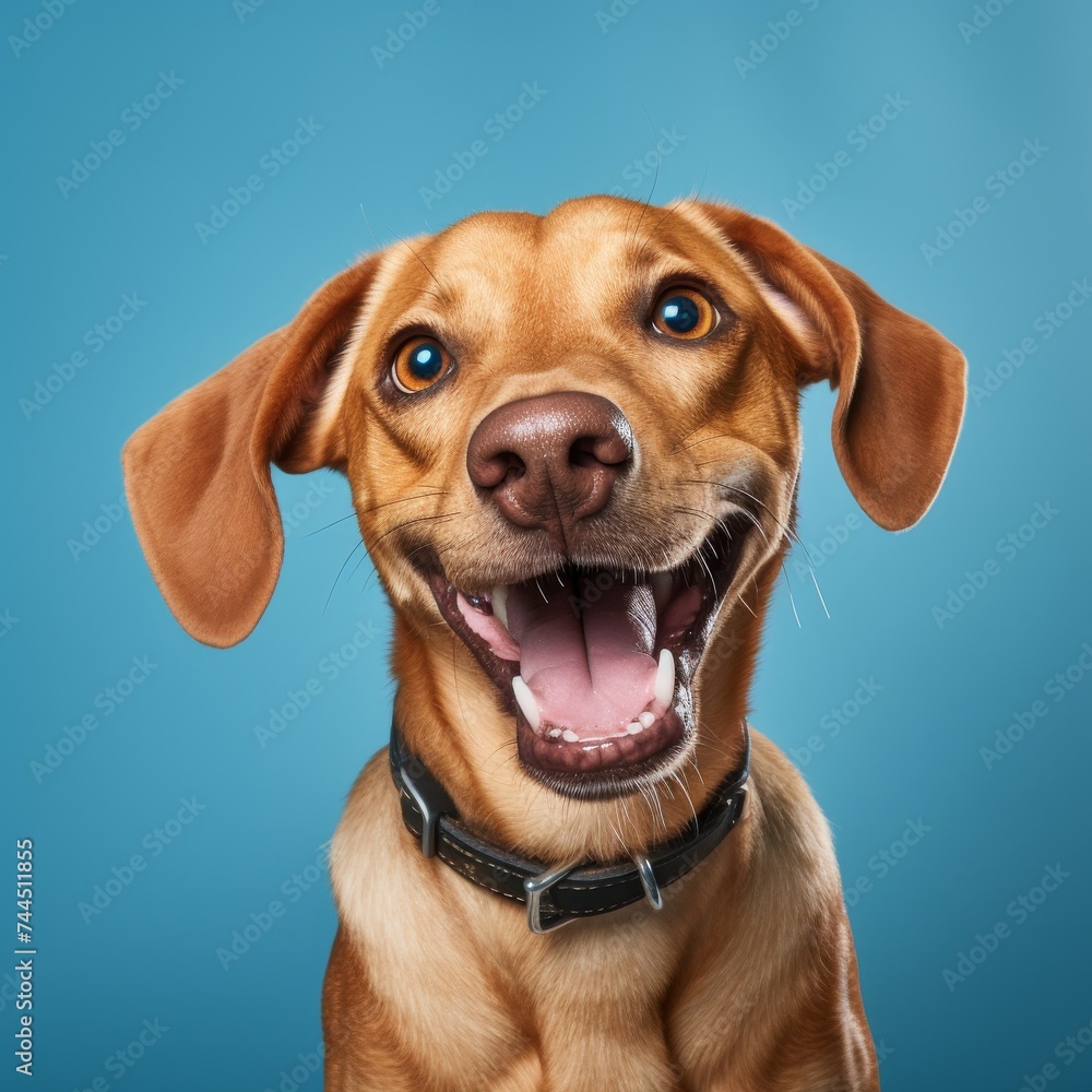 Cheerful brown dog with adorable smile and tongue sticking out, isolated on blue background
