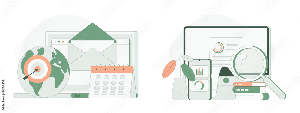 Target market and Marketing Analytics. Web Landing Page Design. Flat Cartoon Vector Illustration.