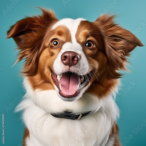 Happy smiling dog sticking out tongue, cute pet looking at camera, isolated blue background