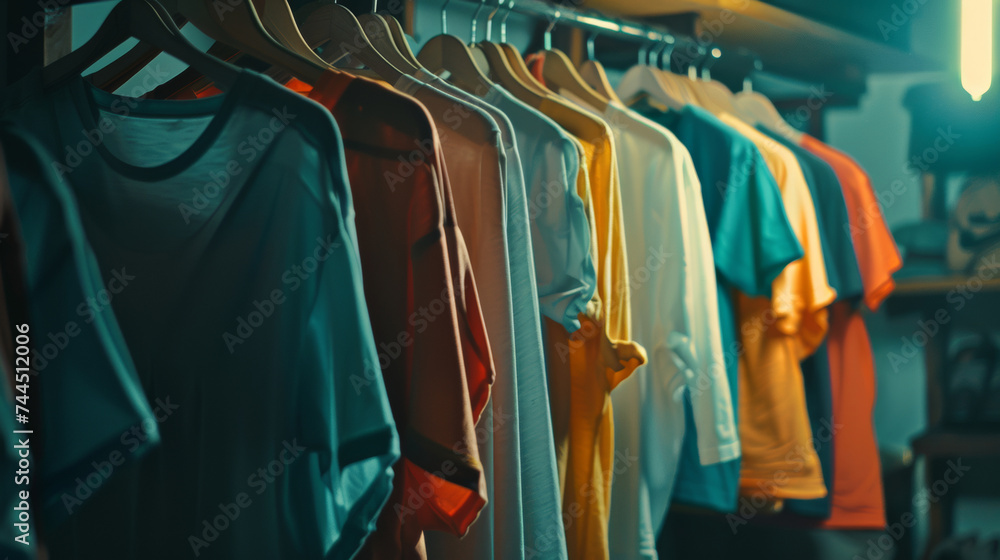 A collection of colorful t-shirts on hangers, arranged in a dimly lit boutique. A collection of colorful t-shirts on hangers, arranged in a dimly lit boutique.