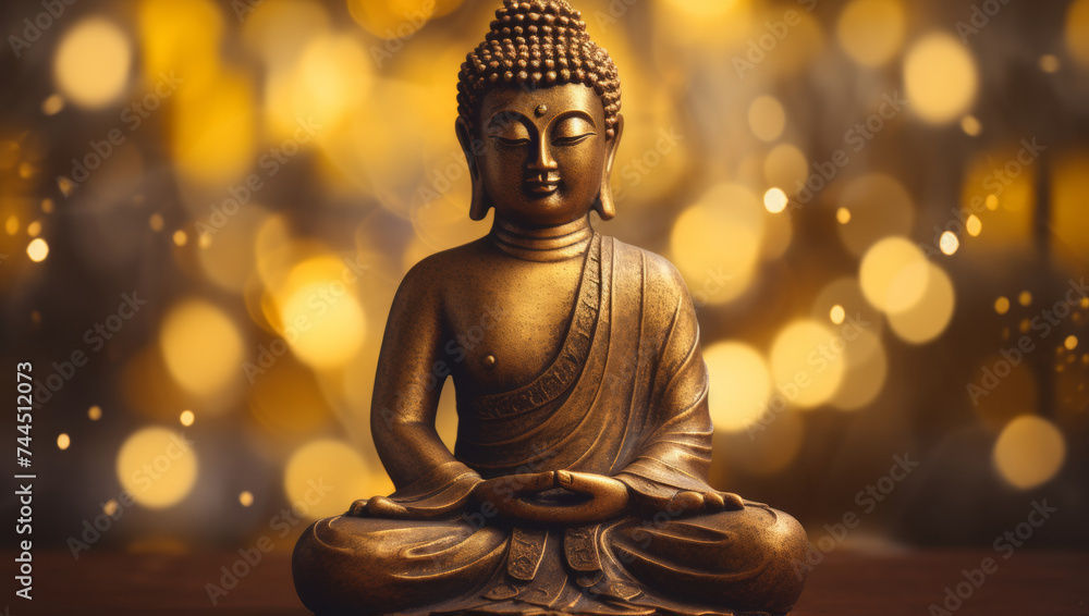 Bronze Buddha statue meditating against a tranquil bokeh background.