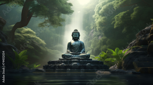Serene Buddha statue in mystical forest setting with soft sunlight filtering through.