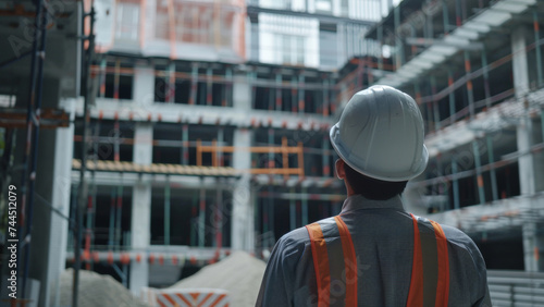Construction overseer gazes at the evolving skyline, embodying progress and diligence.
