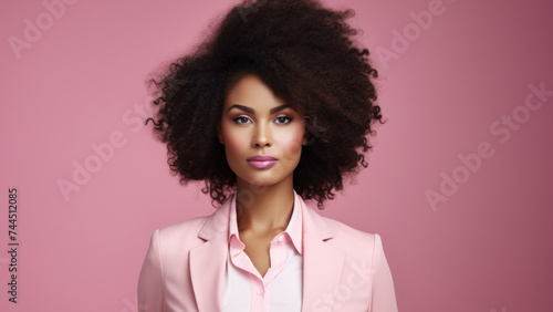 Fashionable confidence radiates from a poised model with a striking afro hairstyle.