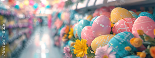 Easter Decoration Eggs, Flowers, Bunnies, and Flowers in Shopping Mall Displayed on Store Shelves in a mall with a blurred background