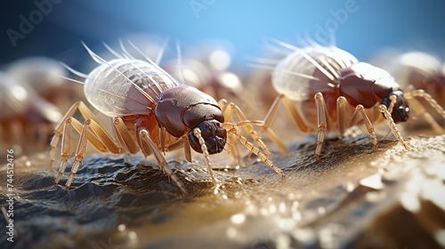 a group of animal fleas magnified using a microscope for research material