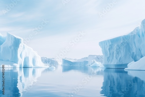 Icebergs in blue water, symbolizing the melting glaciers. Melting Icebergs - Global Warming Alert