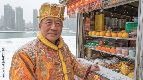 A person in traditional attire stands next to a small outdoor food stall during snowfall. The stall displays various items, including oranges and canned drinks.