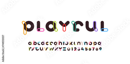 alphabet playful decorative font, rounded multi-colored letters A, B, C, D, E, F, G, H, I, J, K, L, M, N, O, P, Q, R, S, T, U, V, W, X, Y, Z and numerals 0, 1, 2, 3, 4, 5, 6, 7, 8, 9