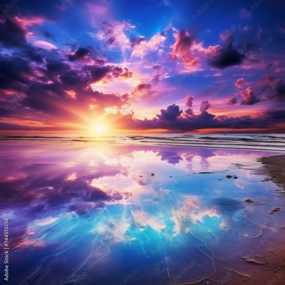 Colorful sky with neon clouds, purple and blue banner, abstract fantasy background