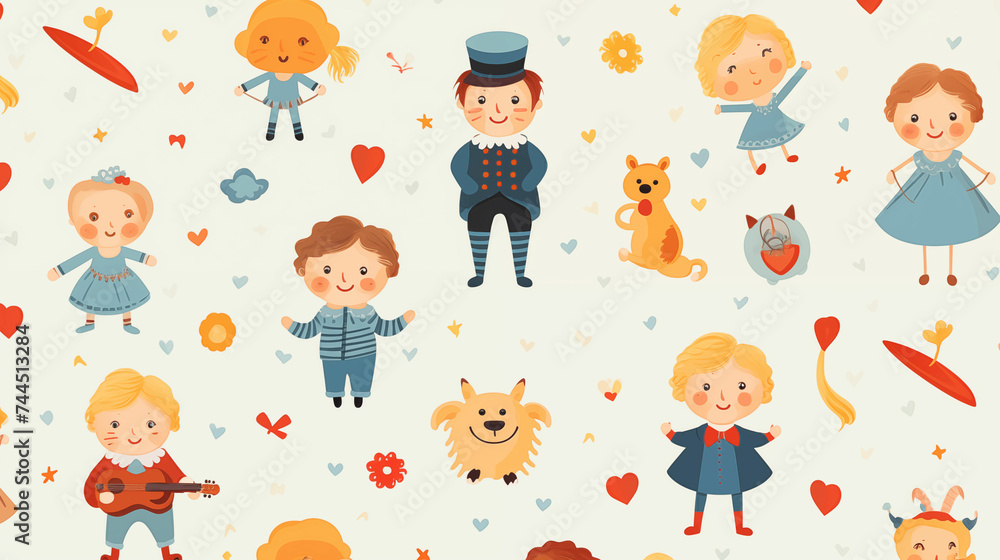 Fototapeta premium Pattern of childrens cartoon characters on white background. Generative AI