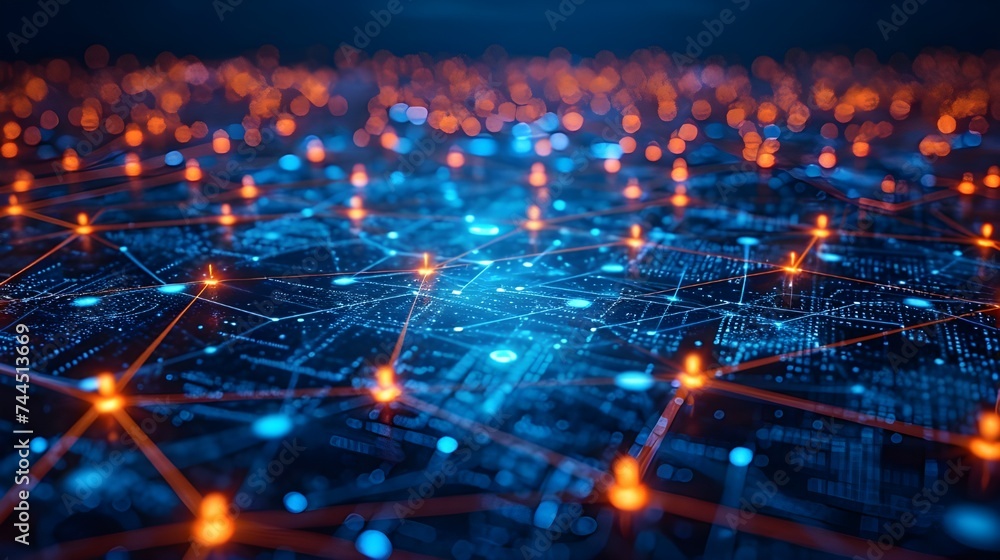 Flowing cyber data connected through network lines, illustrating blockchain data fields and neural cells. Concept of AI technology, digital communication, and science research