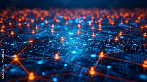Flowing cyber data connected through network lines, illustrating blockchain data fields and neural cells. Concept of AI technology, digital communication, and science research