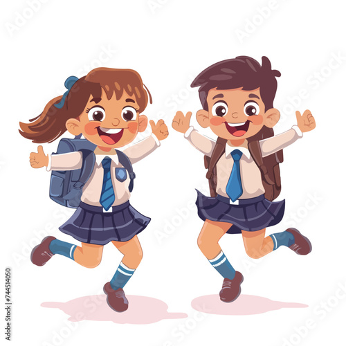 Happy Boy and Girl Pupil in Uniform with Tie and Bac © iclute4