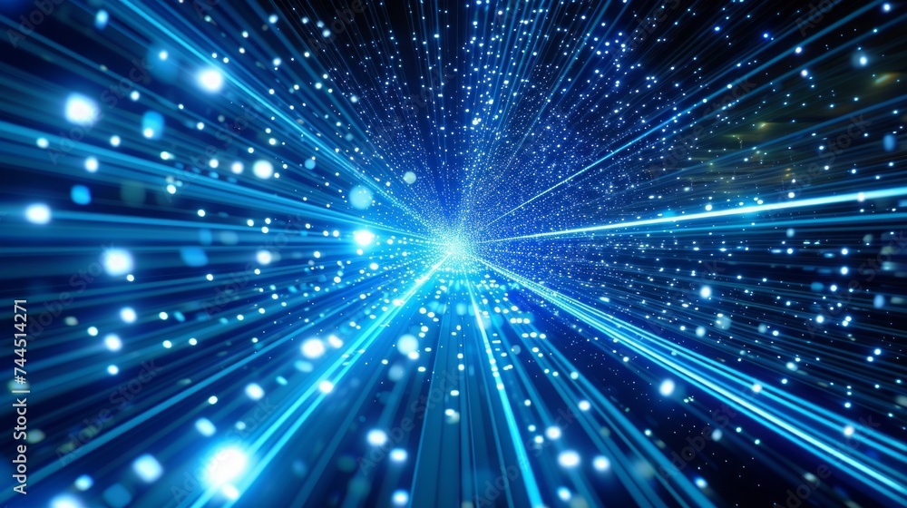 Fototapeta premium Electric blue laser style lights streaking through a cyber tunnel representing rapid data transmission. 