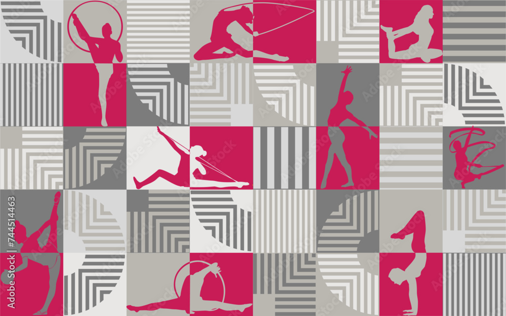Abstract female sports poster. Geometric mosaic pattern. Stripes, curved lines and silhouettes of women performing artistic gymnastics. Modern wall art design. Gray and fuchsia colors. Abstract female sports poster. Geometric mosaic pattern. Stripes, curved lines and silhouettes of women performing artistic gymnastics. Modern wall art design. Gray and fuchsia colors.