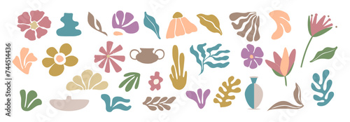 Fototapeta Naklejka Na Ścianę i Meble -  Set of hand drawn floral design elements, abstract shapes, leaves, corals, vases. Contemporary modern vector botanical art illustrations in trendy Peach Fuzz color palette on transparent background.