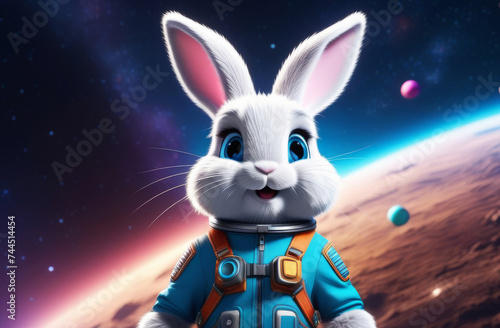 Cartoon Easter Bunny Takes Space Adventure. Adorable futuristic Bunny astronaut collect holiday eggs from sky © Yekatseryna