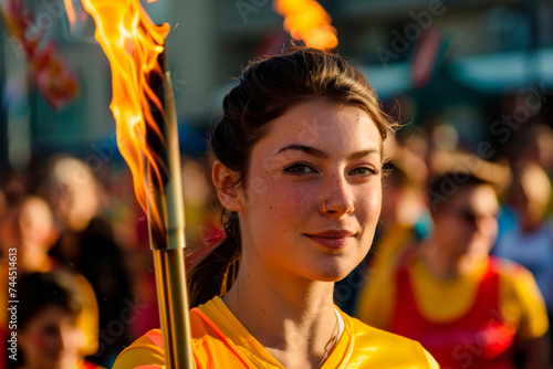 A female athlete holding a lit torch during a relay, with a crowd in the background.