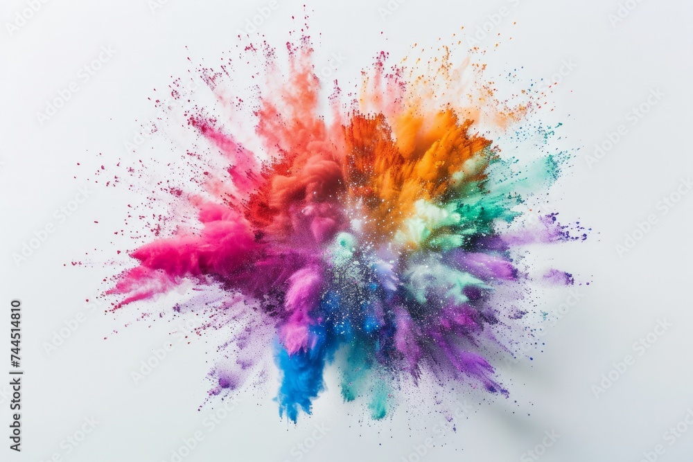 An explosion of vibrant colored powders against a white background, creating a dynamic and abstract burst of colors. - obrazy, fototapety, plakaty 