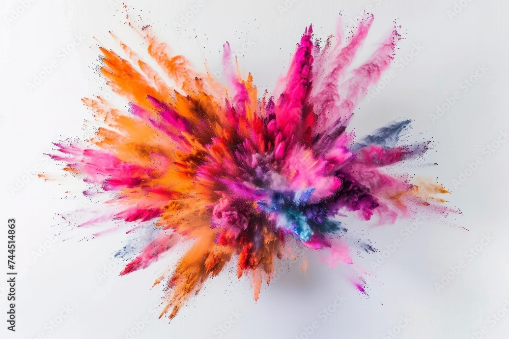 An explosion of vibrant colored powders against a white background, creating a dynamic and abstract burst of colors.