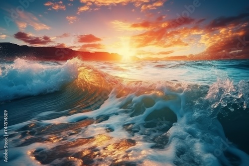 Tranquil ocean wave with spectacular rising sun, scenic nature background for relaxation and meditation