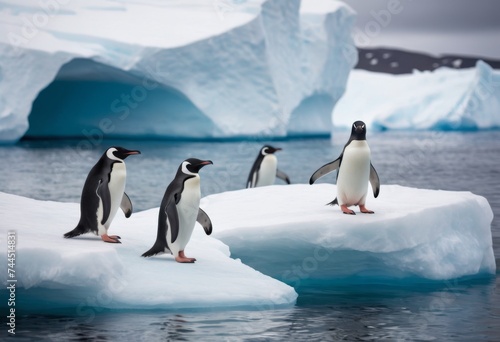 A group of Adelie penguins stand on an ice floe and jump into the water