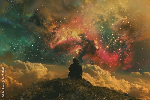 A person sitting on a hill looking at a vibrant cosmic event in the sky.